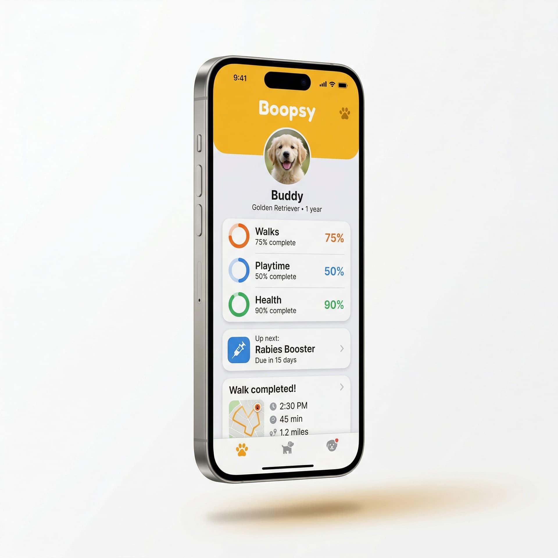 Aperçu Tableau de bord quotidien dans l'app Boopsy